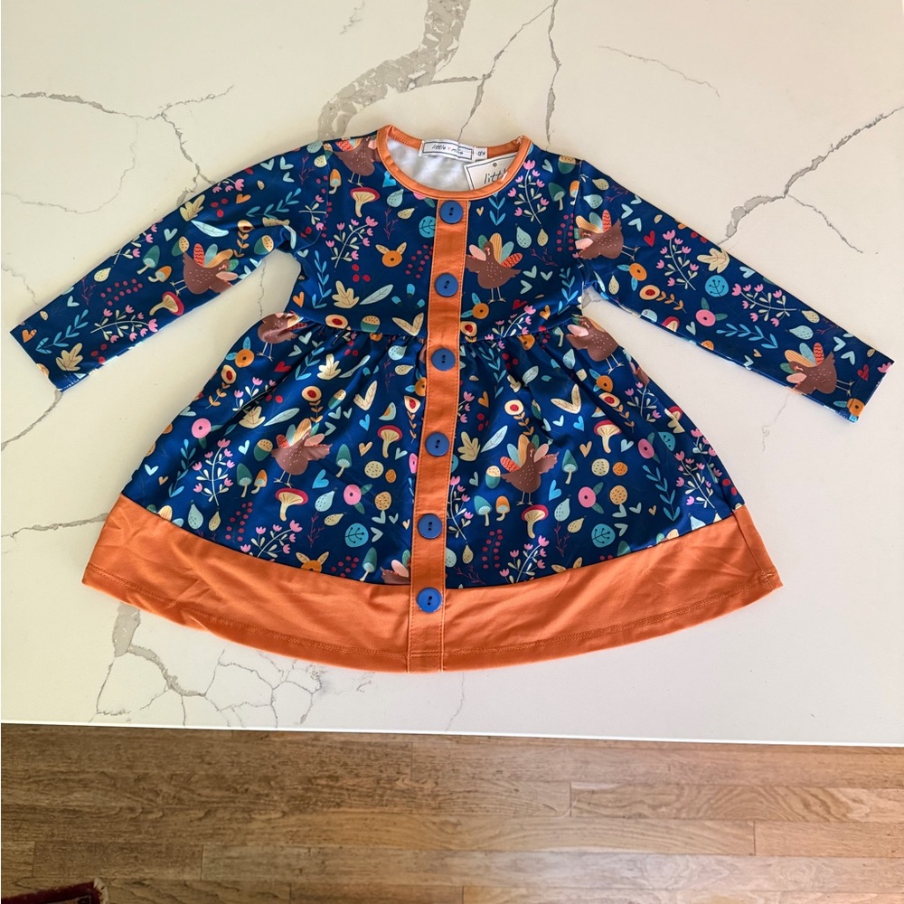 Little Millie Woodland turkey thanksgiving fall mushroom Dress – 18 Months